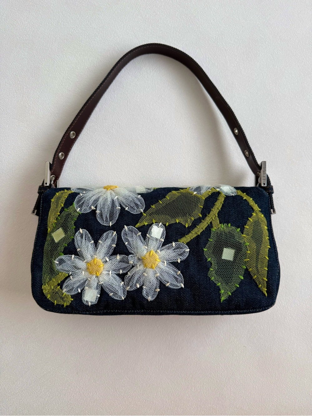 Vintage Fendi Floral Embroidered Denim Baguette Shoulder Bag - Picture 2 of 8